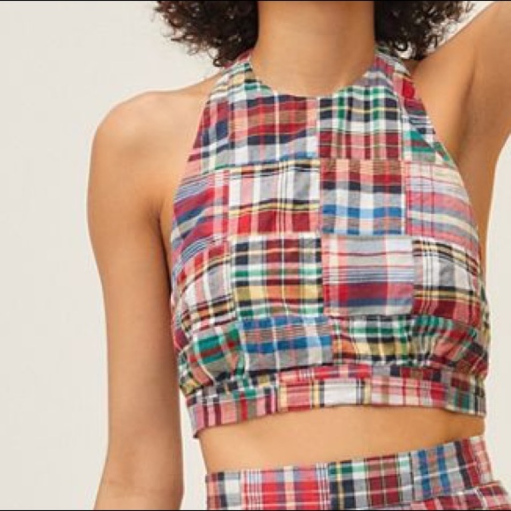 UO Plaid Patchwork Backless Cropped Halter Top, s… - image 3